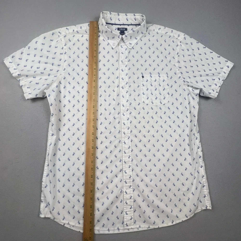 Coastal Button Down Shirt Mens XL White Blue Pelican‎ Bird Print Short Sleeve